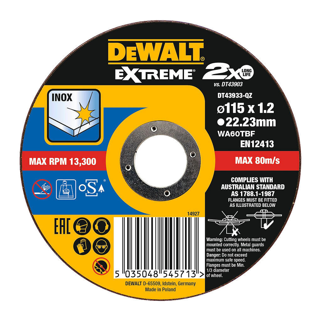 DeWalt DT43933 - Rezný kotúč EXTREME® na antikorovú oceľ, 115x22,2x1,2mm, Typ 1 – plochý