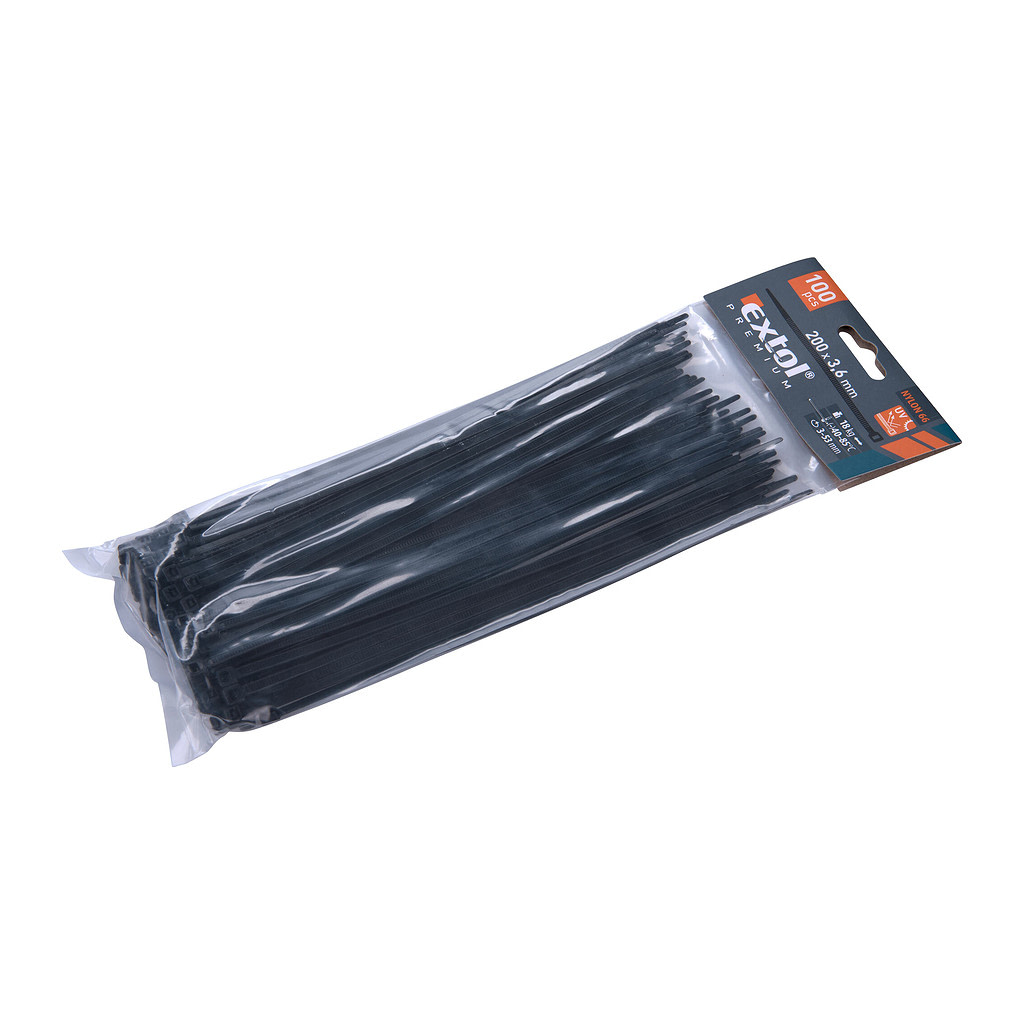 Extol Premium 8856156 - Pásky sťahovacie čierne, 3,6x200mm, 100ks, Ø50mm, 18kg