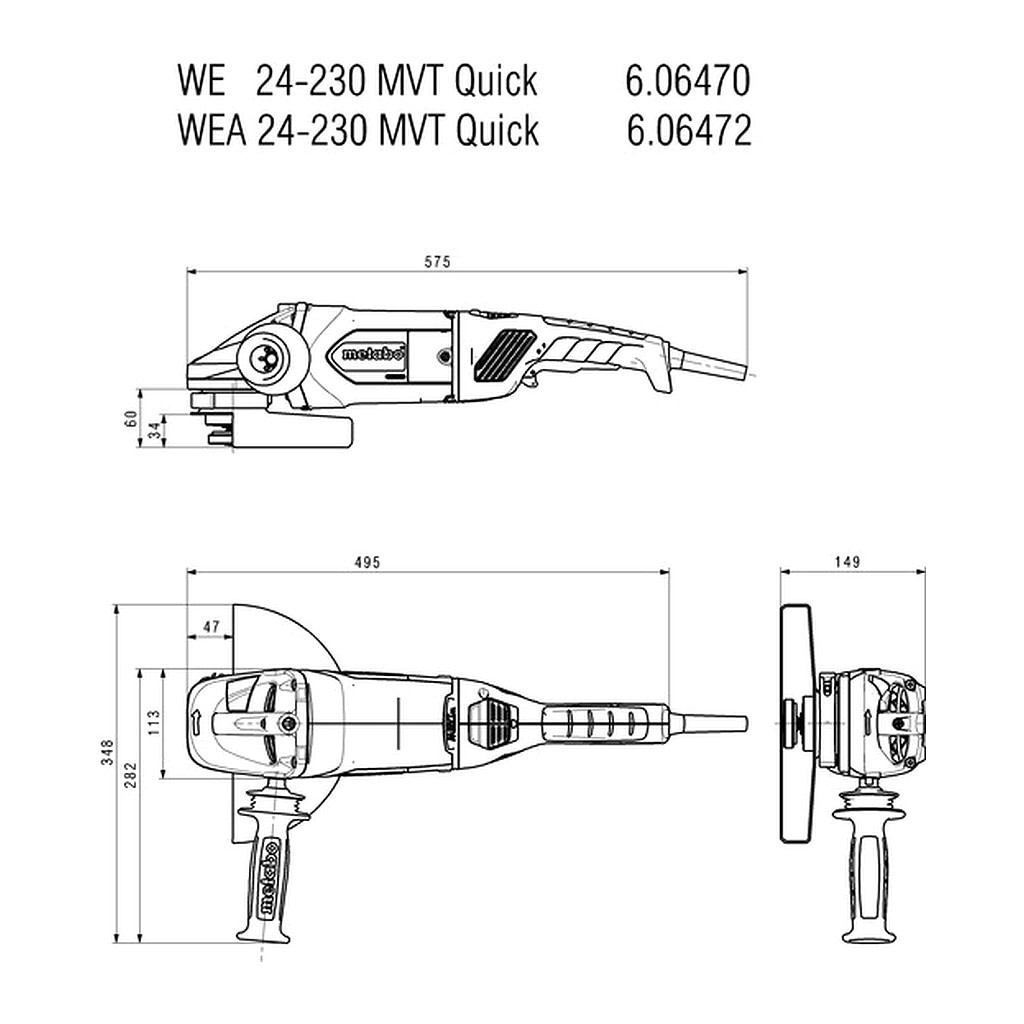 Metabo 606470260 - WE 24-230 MVT Quick - Uhlová brúska, Kartón, s rýchloupínacou maticou, otočnou hlavnou rukoväťou, bezpečnostným vypínačom, tzv. spínačom mŕtveho muža