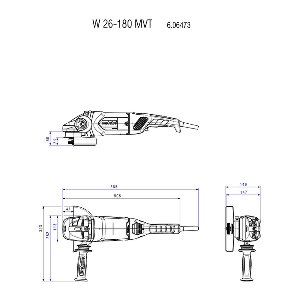 Metabo 606473260 - W 26-180 MVT - Uhlová brúska, Kartón, s otočnou hlavnou rukoväťou, bezpečnostným vypínačom, tzv. spínačom mŕtveho muža