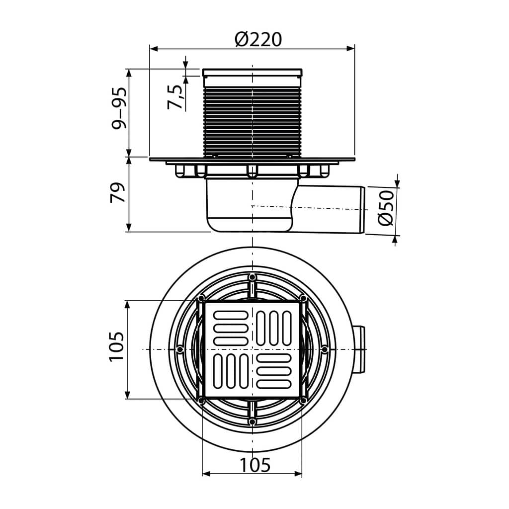 AlcaPlast APV1321 - Podlahová vpusť 105×105/50 mm bočná, mriežka nerez, kombinovaná zápachová uzávera SMART
