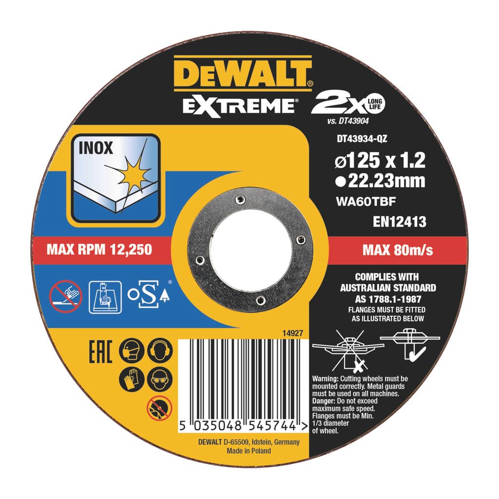 DeWalt DT43934 - Rezný kotúč EXTREME® na antikorovú oceľ, 125x22,2x1,2mm, Typ 1 – plochý