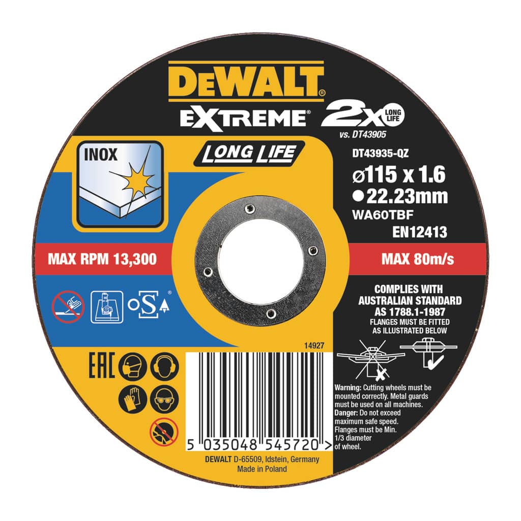DeWalt DT43935 - Rezný kotúč EXTREME® na antikorovú oceľ, 115x22,2x1,6mm, Typ 1 – plochý