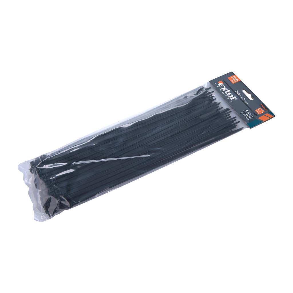 Extol Premium 8856162 - Pásky sťahovacie čierne, 4,8x300mm, 100ks, pr82mm, 22kg