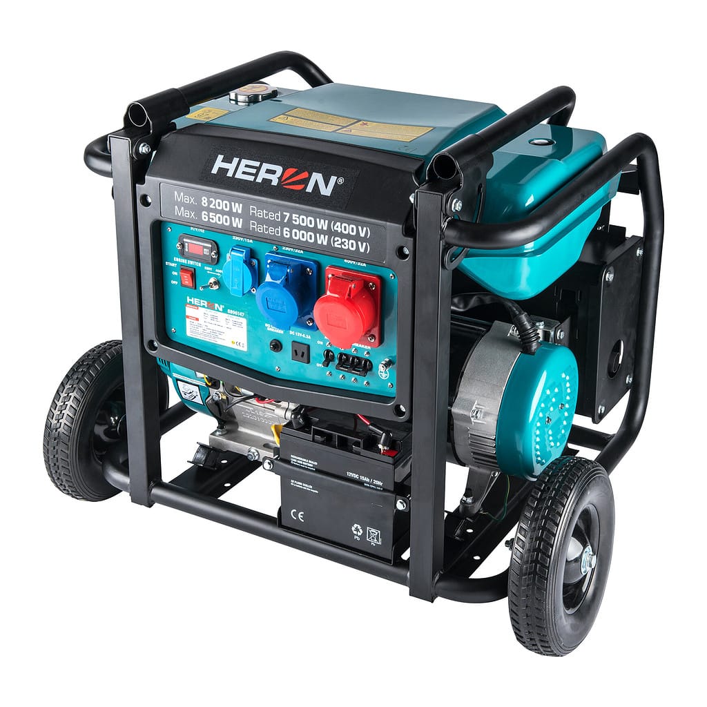 Heron 8896147 – Elektrocentrála rámová benzínová 3F, 8,2kW/7,5kW, podvozok, elektrický štart