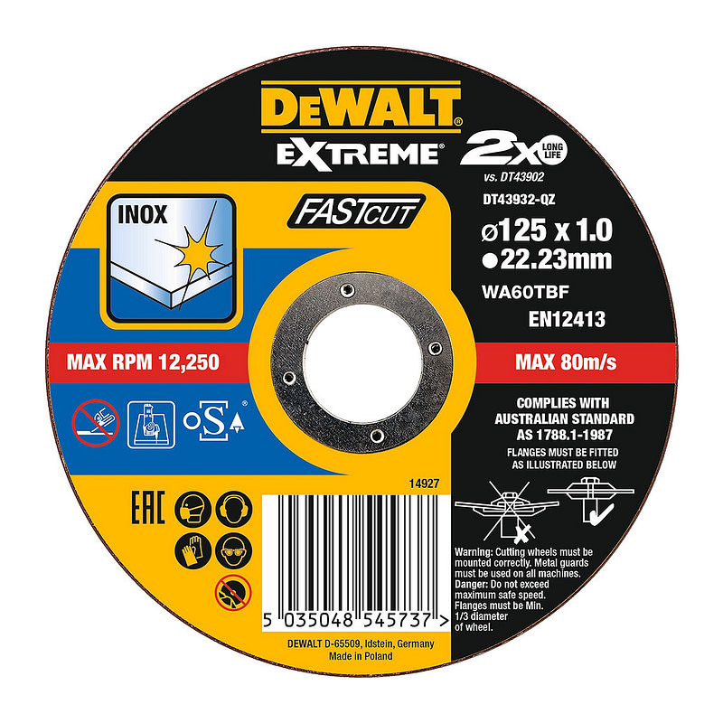 DeWalt DT43932 - Rezný kotúč EXTREME® na antikorovú oceľ, 125x22,2x1,0mm, Typ 1 – plochý