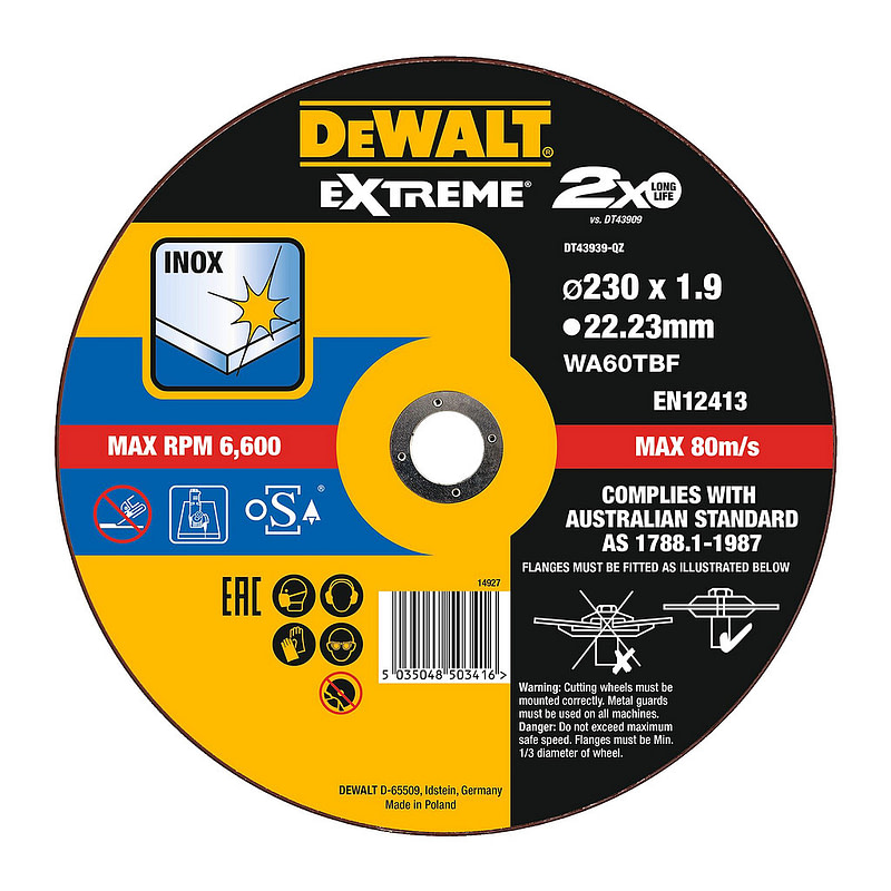 DeWalt DT43939 - Rezný kotúč EXTREME® na antikorovú oceľ, 230x22,2x1,9mm, Typ 1 – plochý