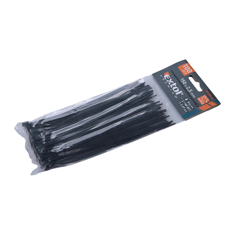 Extol Premium 8856154 - Pásky sťahovacie čierne, 2,5x150mm, 100ks, Ø35mm, 8kg
