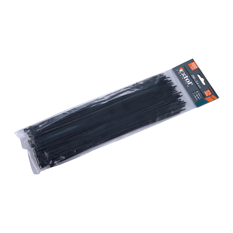 Extol Premium 8856158 - Pásky sťahovacie čierne, 3,6x280mm, 100ks, Ø70mm, 18kg