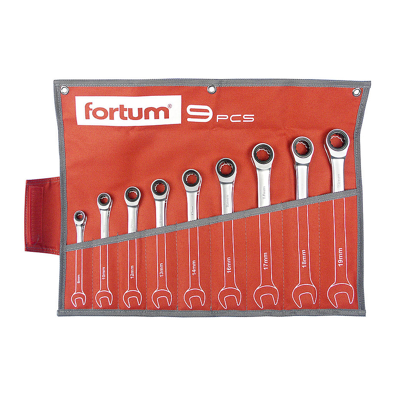 Fortum 4720104 - Kľúče očko-vidlicové, račňové, 72 zubov, 9-dielna sada, 8-19mm