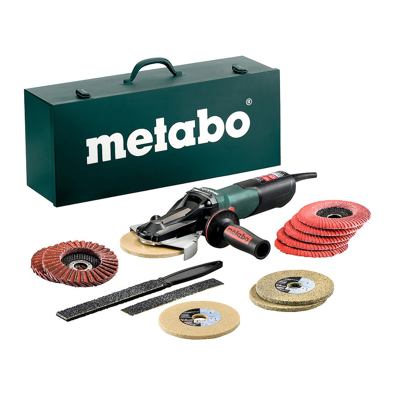 Metabo 613080500 - WEVF 10-125 Quick Inox Set - Uhlová brúska s plochou hlavou, Nosná skrinka z oceľového plechu