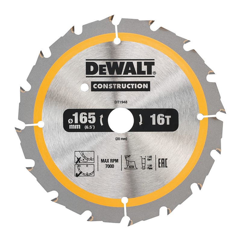 DeWalt DT1948 - Pílový kotúč CONSTRUCTION pre AKU píly na drevo s klincami, 165x20mm, 16 zubov