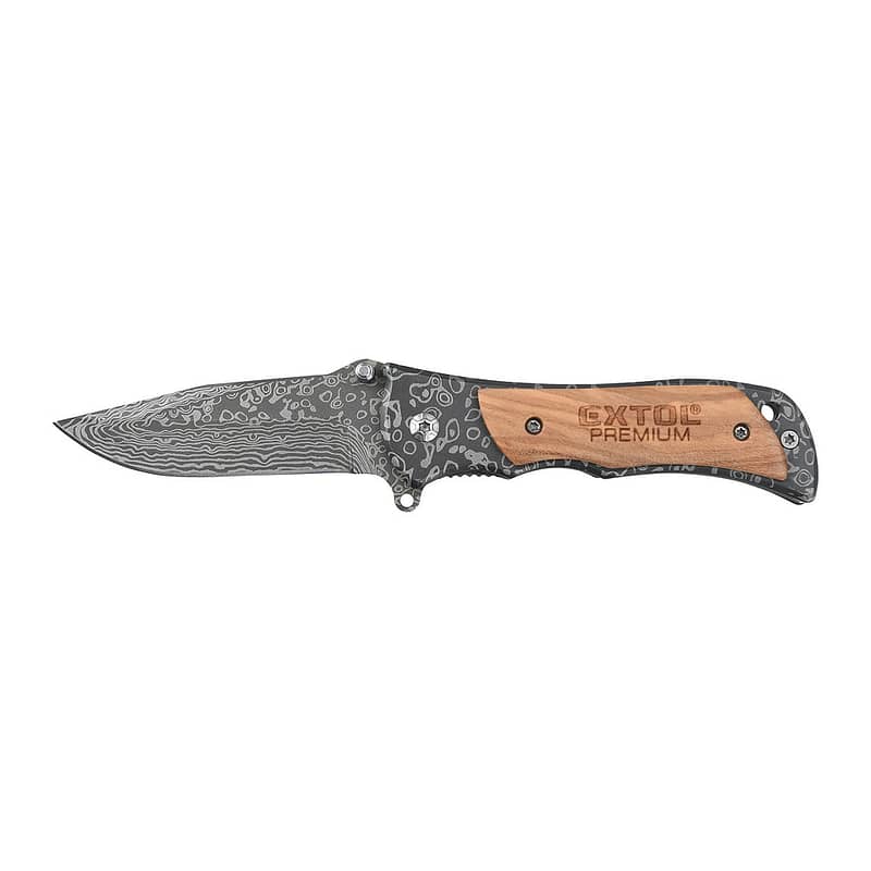 Extol Premium 8855121 - Nož zatvárací s poistkou 160mm, vzor damašková oceľ, klip na opasok