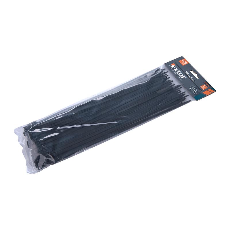 Extol Premium 8856162 - Pásky sťahovacie čierne, 4,8x300mm, 100ks, pr82mm, 22kg