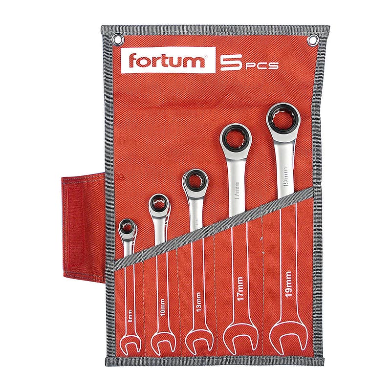 Fortum 4720102 - Kľúče očko-vidlicové, račňové, 72 zubov, 5-dielna sada, 8-19mm