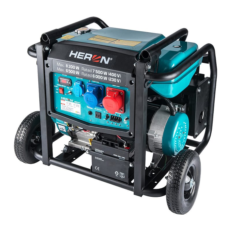 Heron 8896147 - Elektrocentrála rámová benzínová 3F, 8,2kW/7,5kW, podvozok, elektrický štart