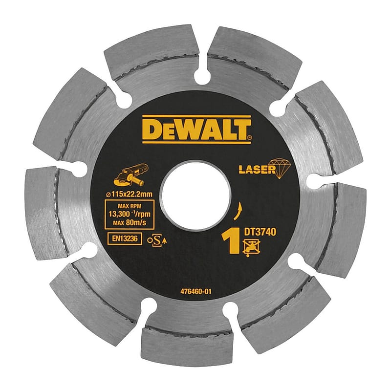 DeWalt DT3740 - Laserom zváraný diamantový rezný kotúč pre stavebné materiály a betón, 115x22,2mm - suché rezanie