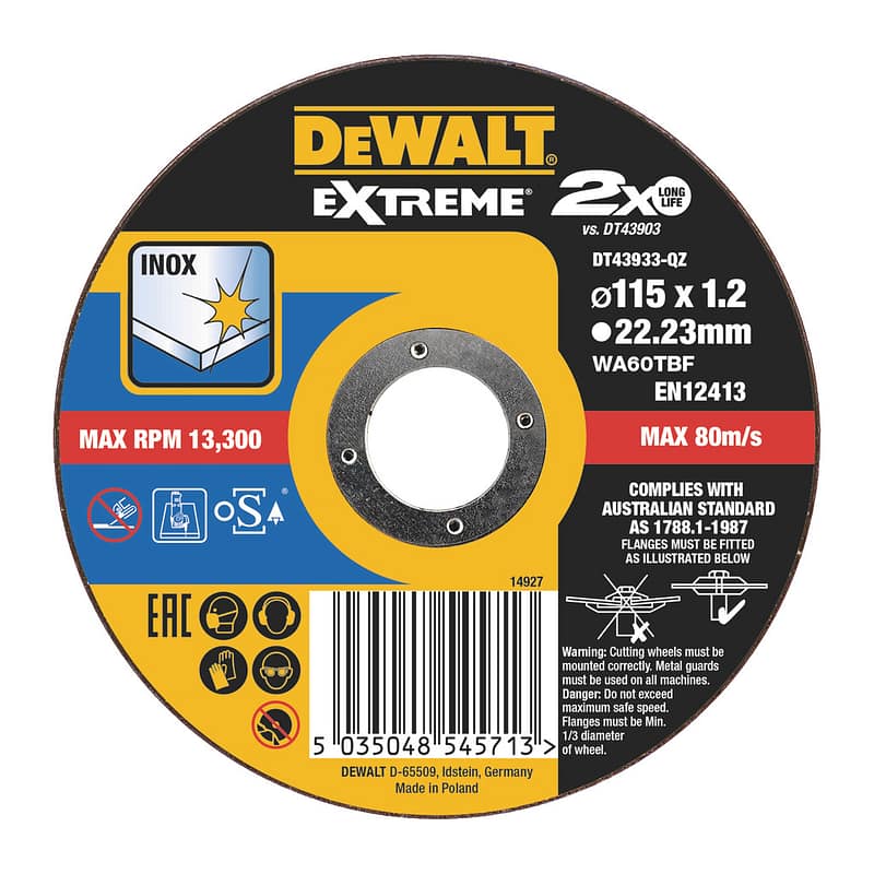 DeWalt DT43933 - Rezný kotúč EXTREME® na antikorovú oceľ, 115x22,2x1,2mm, Typ 1 – plochý